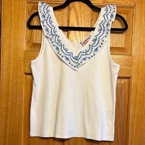 Johnny Was White Tank Top with Blue Embroidered V-Neck